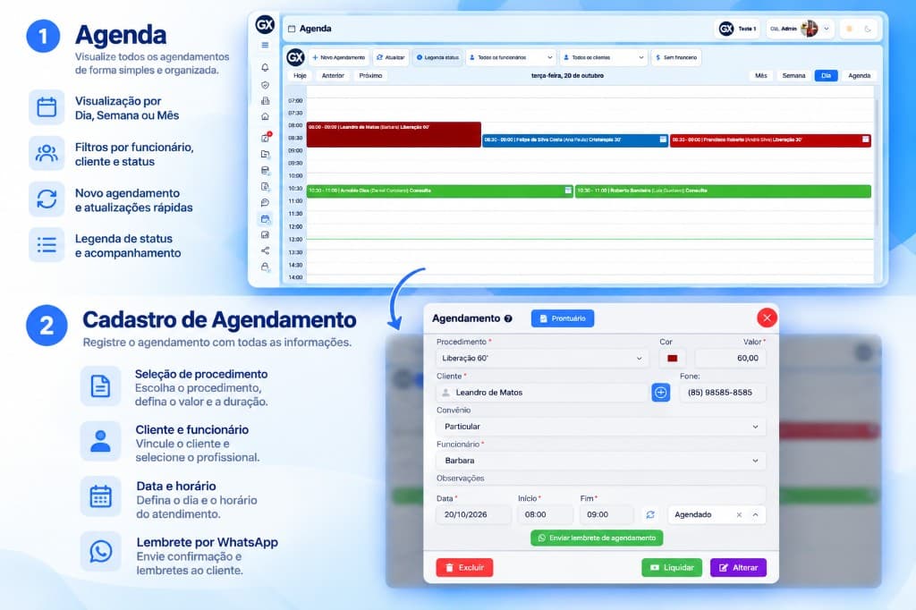 Agenda do dia com filtros e o cadastro do agendamento, com procedimento, cliente, horário e lembrete por WhatsApp