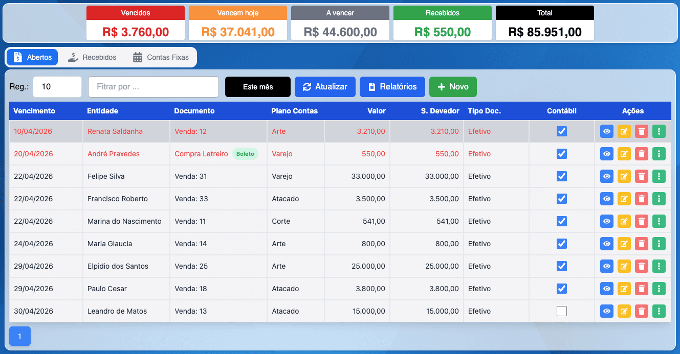 Lista do contas a receber da GX Sistemas